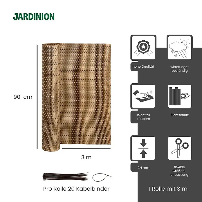 Jardinion Sichtschutzelement 3m x 0,90m Sichtschutzmatte mit Kabelbinder Hellbraun - B x H: 2 x 90 cm, Kunststoff, Braun - Gerollter 90x300cm geflochtener Sichtschutz in Braun/Beige, wetterfest und flexibel anpassbar.