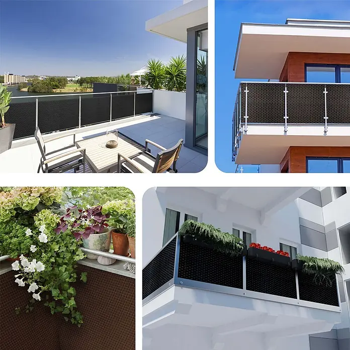 Jardinion Sichtschutzelement 5m x 0,90m Sichtschutzmatte mit Kabelbinder Braun - B x H: 2 x 90 cm, Kunststoff, Braun - Geflochtener Balkonsichtschutz im Rattan-Stil in Schwarz und Braun, an modernen Balkonen installiert.