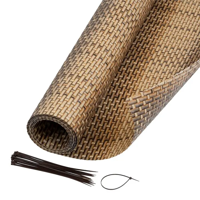Jardinion Sichtschutzelement 5m x 0,90m Sichtschutzmatte mit Kabelbinder Braun - B x H: 2 x 90 cm, Kunststoff, Braun - Gerollter braun-beiger Sichtschutzzaun in Korboptik mit dunklen Kabelbindern.