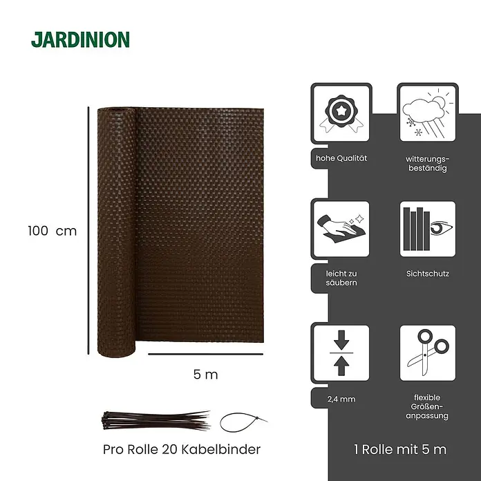 Jardinion Sichtschutzelement 5m x 1m Sichtschutzmatte mit Kabelbinder Hellbraun - B x H: 2 x 100 cm, Kunststoff, Braun - Braune geflochtene Sichtschutzrolle, 100 cm hoch und 5 m lang, mit beiliegenden Kabelbindern.