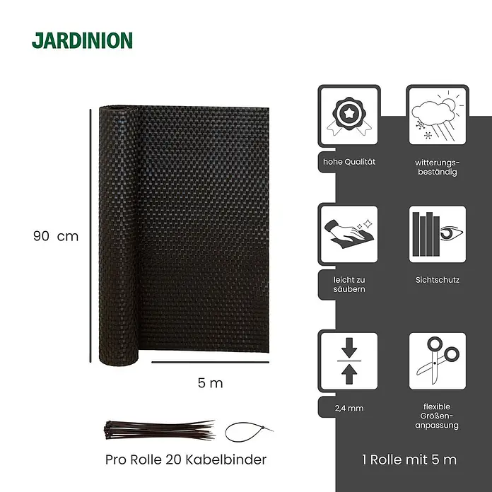 Jardinion Sichtschutzelement 5m x 0,90m Sichtschutzmatte mit Kabelbinder Dunkelbraun - B x H: 4 x 90 cm, Kunststoff, Braun - Gerollter dunkelbrauner gewebter Sichtschutz, 90 cm hoch und 5 m lang, mit 20 Kabelbindern.