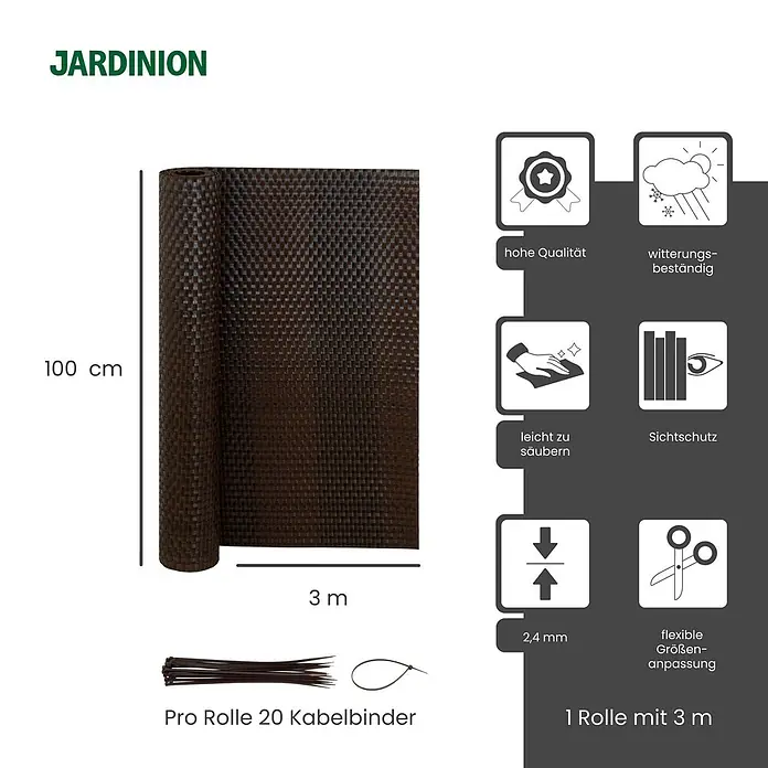 Jardinion Sichtschutzelement 3m x 1m Sichtschutzmatte mit Kabelbinder Braun-Mix - B x H: 4 x 100 cm, Kunststoff, Braun - Gerollter brauner Sichtschutz aus Geflecht, 100 cm x 3 m, inkl. 20 Kabelbindern.