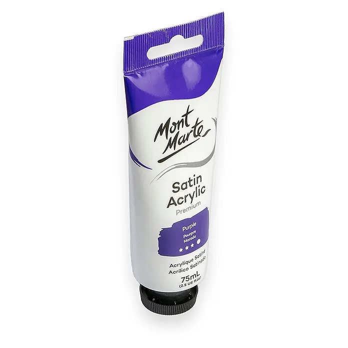 Mont Marte Acrylfarbe Premium - Violett, 75 ml, Tube - Eine lilafarbene 75ml Mont Marte Satin Acrylfarbe Tube mit schwarzer Kappe und Aufhängeloch.