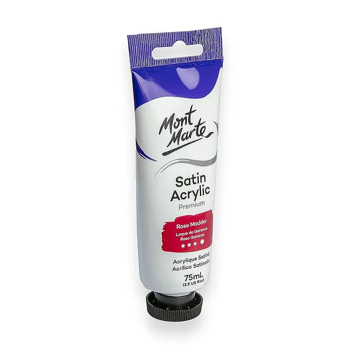Mont Marte Acrylfarbe Premium - Rosenrot, 75 ml, Tube - Mont Marte Satin Acrylfarbe, 75ml, Farbton Rose Madder, weiße Tube mit blauem Deckel.