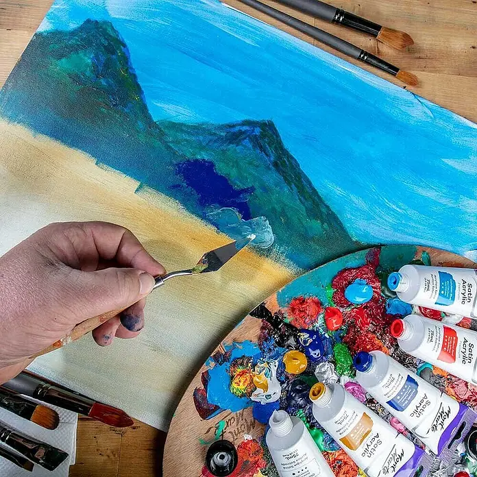 Mont Marte Acrylfarbe Premium - Chinesisch Weiß, 75 ml, Tube - Hand malt Landschaft mit Spachtel und Mont Marte Satin Acrylfarben auf Holzpalette.
