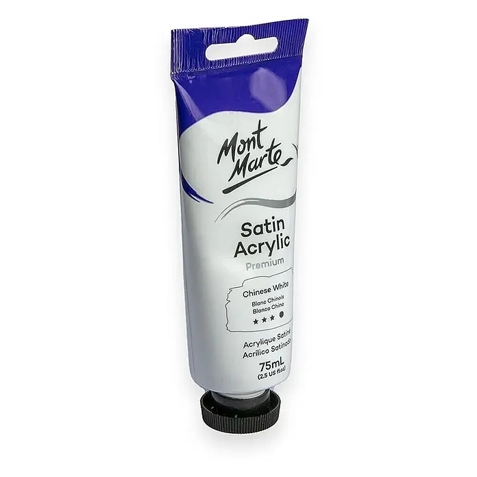 Mont Marte Acrylfarbe Premium - Chinesisch Weiß, 75 ml, Tube - Mont Marte Satin Acryl Premium Farbtube in Chinesisch Weiß, 75ml, mit lila Oberseite und schwarzer Schraubkappe.
