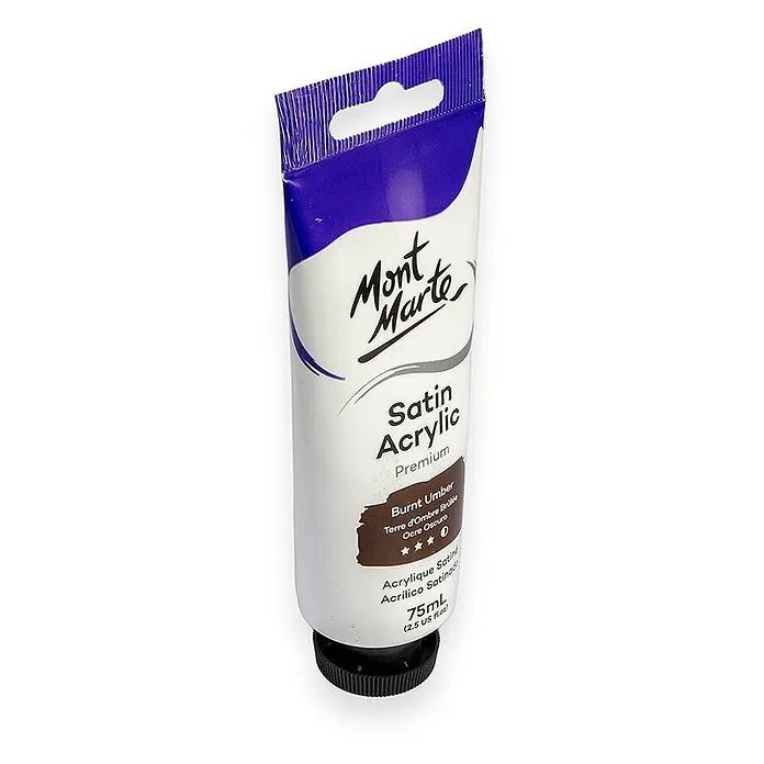 Mont Marte Acrylfarbe Premium - Gebrannte Umbra, 75 ml, Tube - Mont Marte Satin Acrylfarbe, Tube in Dunkelbraun (Burnt Umber), 75ml, mit schwarzem Schraubverschluss und Aufhänger.