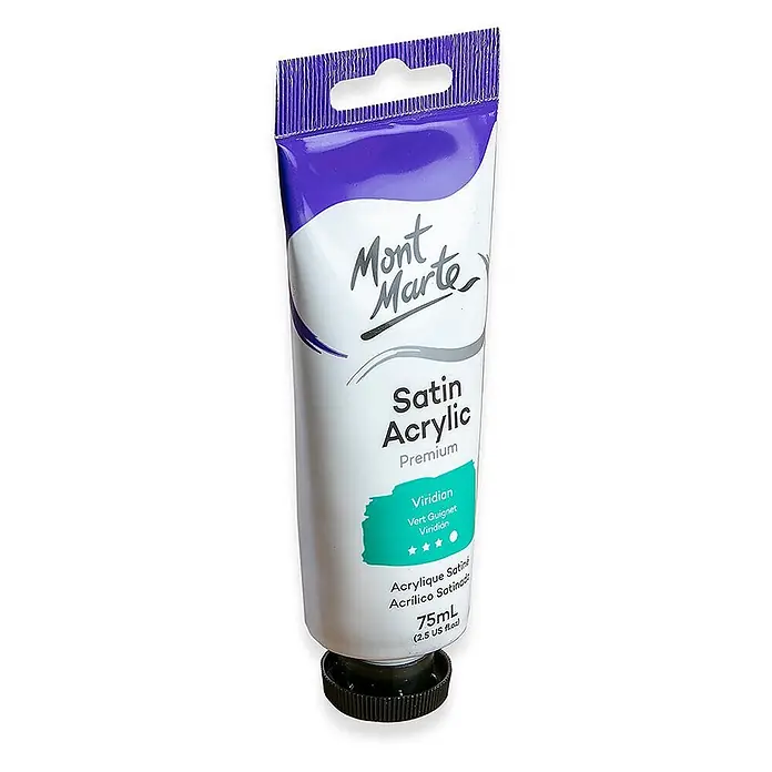 Mont Marte Acrylfarbe Premium - Viridiangrün, 75 ml, Tube - Mont Marte Satin Acrylfarbe, Viridian (grün), 75ml, mit lila Oberseite und Aufhängeöse.