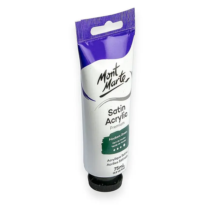 Mont Marte Acrylfarbe Premium - Hookers Grün, 75 ml, Tube - Mont Marte Satin Acrylfarbe, 75ml, in Hookers Green mit lila Oberseite und schwarzer Kappe.