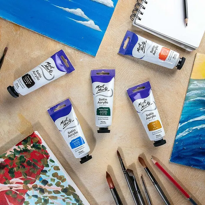 Mont Marte Acrylfarbe Premium - Hookers Grün, 75 ml, Tube - Mont Marte Satin Acrylfarben-Tuben (Schwarz, Grün, Blau, Orange, Gold) mit Pinseln und Leinwänden, bereit zum Malen.
