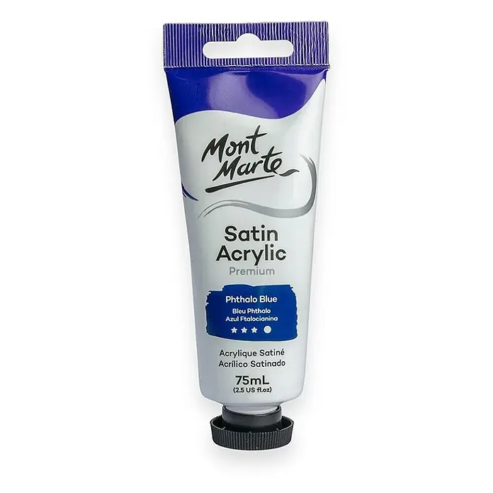Mont Marte Acrylfarbe Premium - Phthaloblau, 75 ml, Tube - Mont Marte Satin Acrylfarbe, Phthalo Blau, 75 ml, mit schwarzer Kappe und Aufhänger.