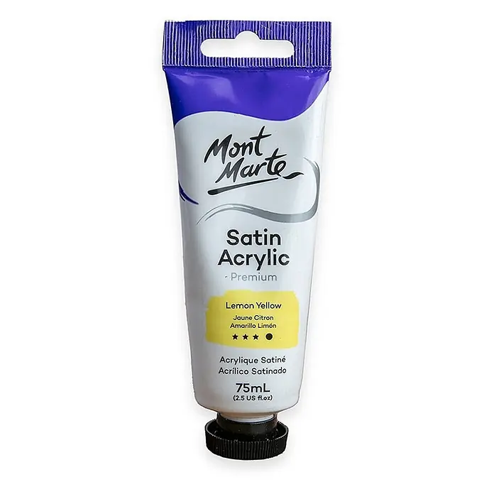 Mont Marte Acrylfarbe Premium - Zitronengelb, 75 ml, Tube - Mont Marte Premium Satin Acrylfarbe, 75ml Tube, Zitronengelb. Weiße Tube mit lila Oberseite und schwarzer Kappe.
