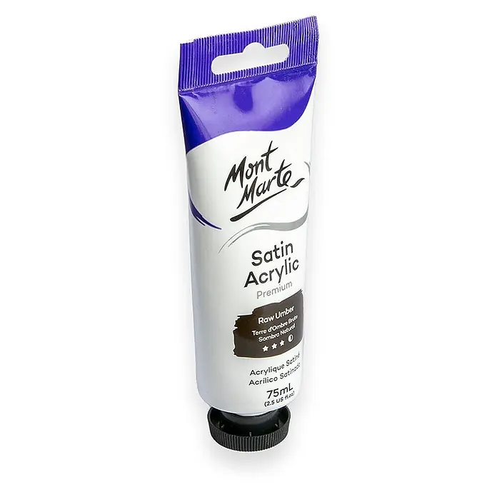 Mont Marte Acrylfarbe Premium - Natürliche Umbra, 75 ml, Tube - Mont Marte Satin Acrylfarbe, Umbra Natur, 75ml Tube mit Aufhänger.