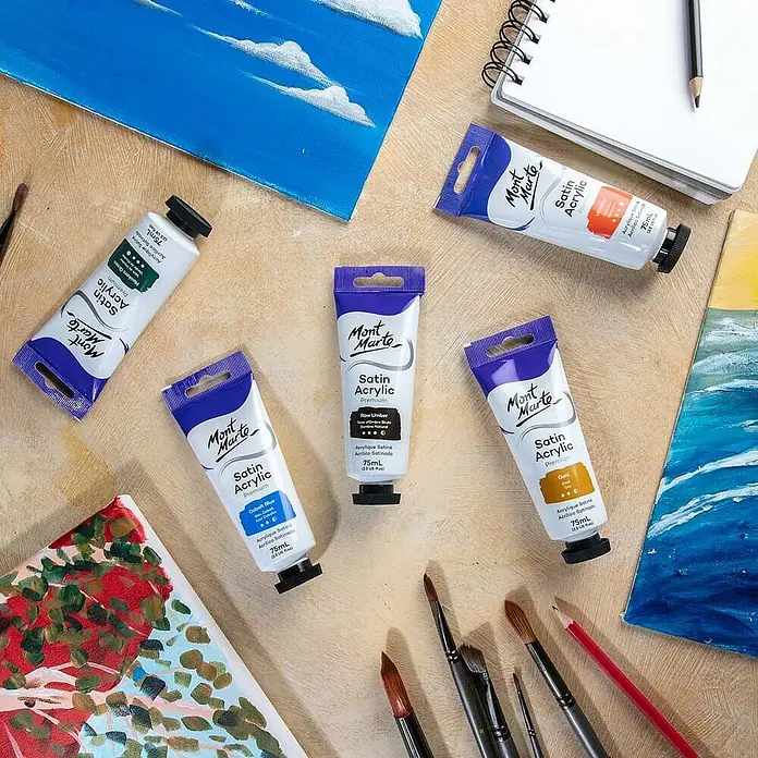 Mont Marte Acrylfarbe Premium - Natürliche Umbra, 75 ml, Tube - Mehrere Tuben Mont Marte Satin Acrylfarben, Pinsel und Leinwände für ein Kunstprojekt.