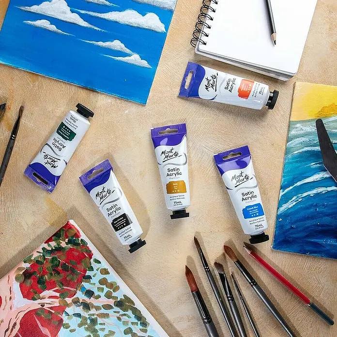Mont Marte Acrylfarbe Premium - Gold, 75 ml, Tube - Mehrere Tuben Mont Marte Satin Acrylfarbe in verschiedenen Farben, Pinsel und Kunstwerke für kreatives Malen.