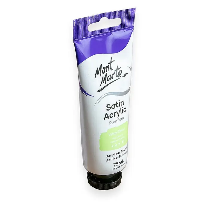 Mont Marte Acrylfarbe Premium - Gelbgrün, 75 ml, Tube - Mont Marte Satin Acrylfarbe, Gelbgrün, 75ml, Tube mit lila Oberseite und Aufhänger.