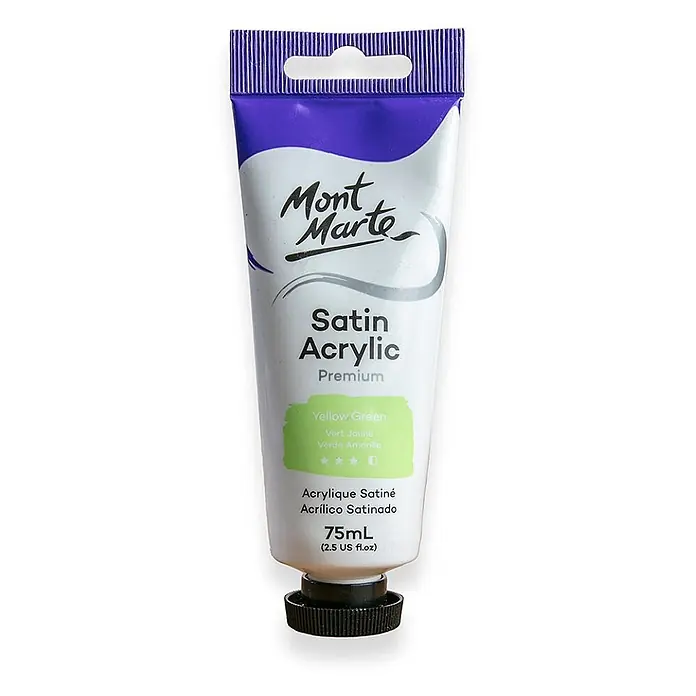 Mont Marte Acrylfarbe Premium - Gelbgrün, 75 ml, Tube - Mont Marte Satin Acrylfarbe in Gelbgrün, 75ml Tube mit lila oberen Verschluss.
