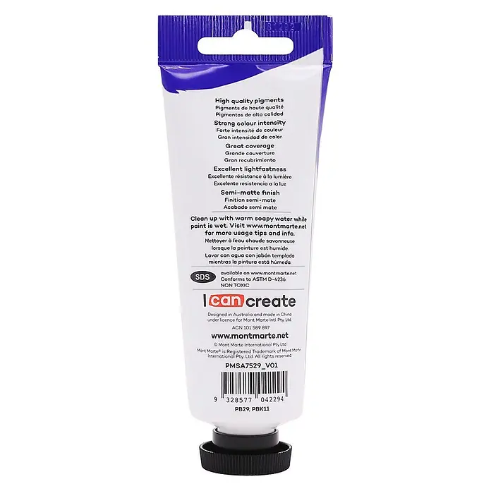Mont Marte Acrylfarbe Premium - Paynesgrau, 75 ml, Tube - Rückseite einer weiß-lila Farbtube mit Produktmerkmalen, Reinigungsanleitung, Firmeninfos und Pigmentcodes PB29, PBK11.
