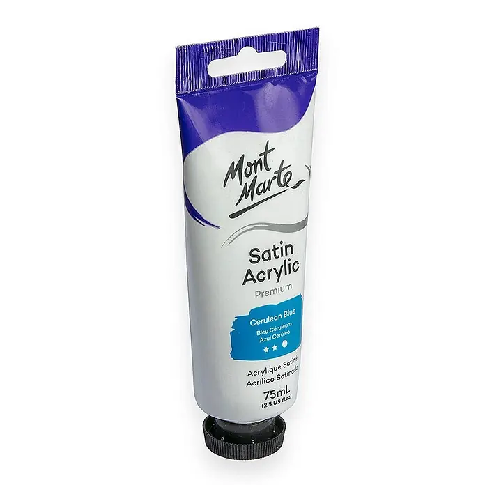 Mont Marte Acrylfarbe Premium - Zeruleanblau, 75 ml, Tube - Weiße Mont Marte Satin-Acrylfarbtube, Cerulean Blue, 75ml, mit blauem Oberteil und schwarzer Kappe.