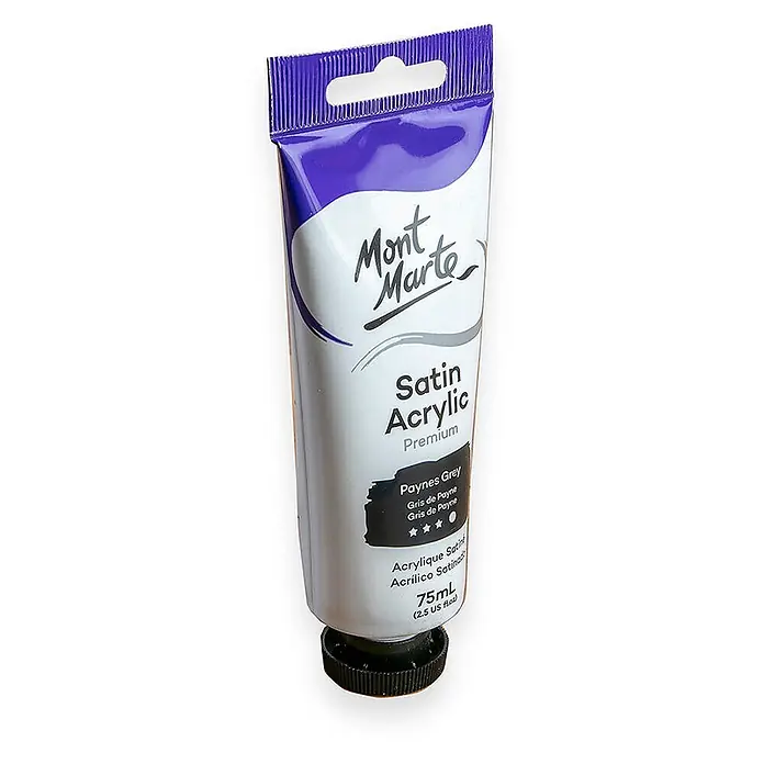 Mont Marte Acrylfarbe Premium - Paynesgrau, 75 ml, Tube - Mont Marte 75ml Tube Satin-Acrylfarbe in Paynes Grey, mit violetter, geriffelter Oberseite und schwarzer Kappe.