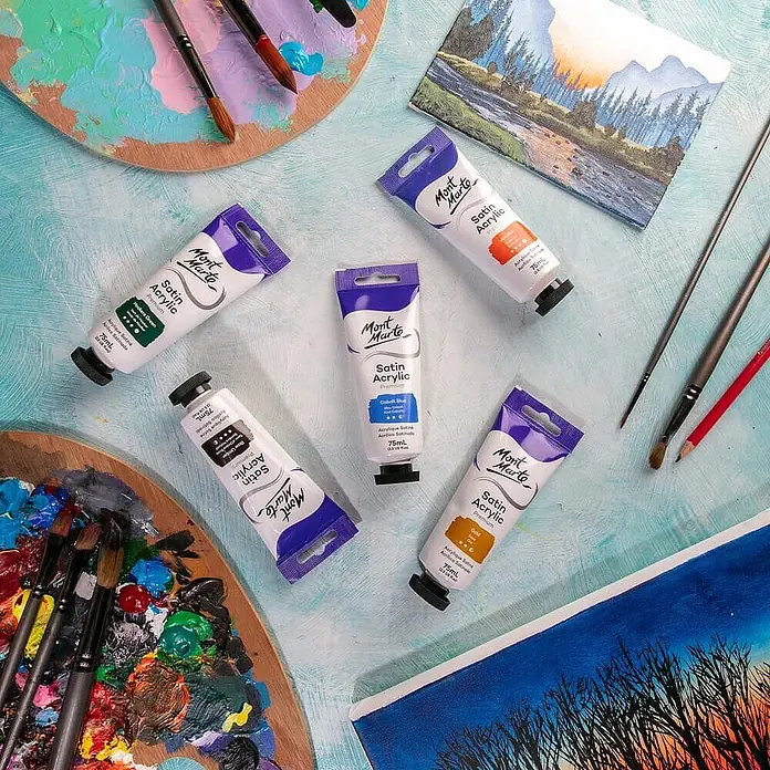 Mont Marte Acrylfarbe Premium - Kobaltblau, 75 ml, Tube - Mont Marte Satin Acrylfarben-Tuben, Pinsel und Paletten zum Malen ausgelegt.