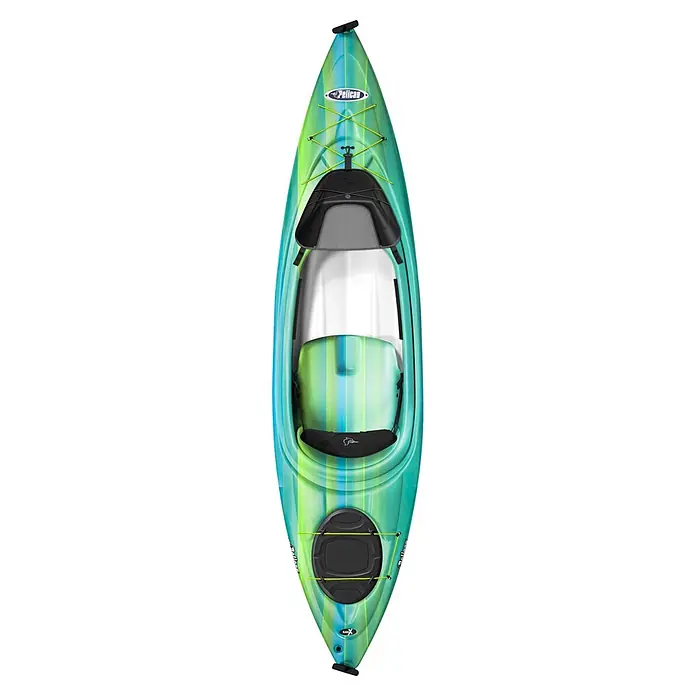 Pelican Kajak Thunder 100XP - L x B: 307 x 76 cm, Geeignet für: 1 Person, Tragkraft: 125 kg, RAM-X Mehrschicht-Polyethylen - Blau-grünes Sit-on-top-Freizeitkajak mit schwarzer Sitzfläche und Deckbespannung.