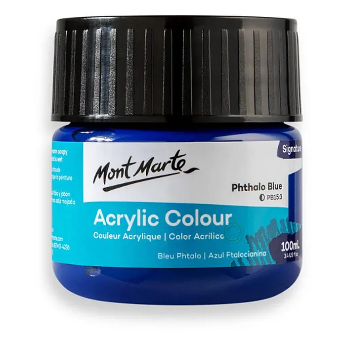 Mont Marte Acrylfarbe Signature - Phthaloblau, 100 ml, Flasche - Mont Marte Phthaloblau Acrylfarbe in einem 100ml-Tiegel mit schwarzem gerippten Deckel.