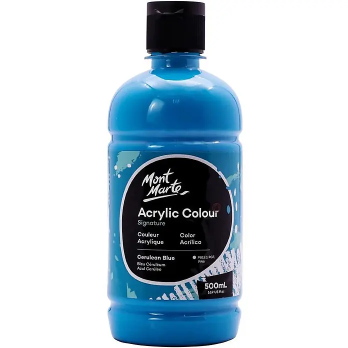 Mont Marte Acrylfarbe Signature - Ceruleanblau, 500 ml, Flasche - Mont Marte Azurblau 500ml Acrylfarbenflasche mit schwarzem Klappverschluss.
