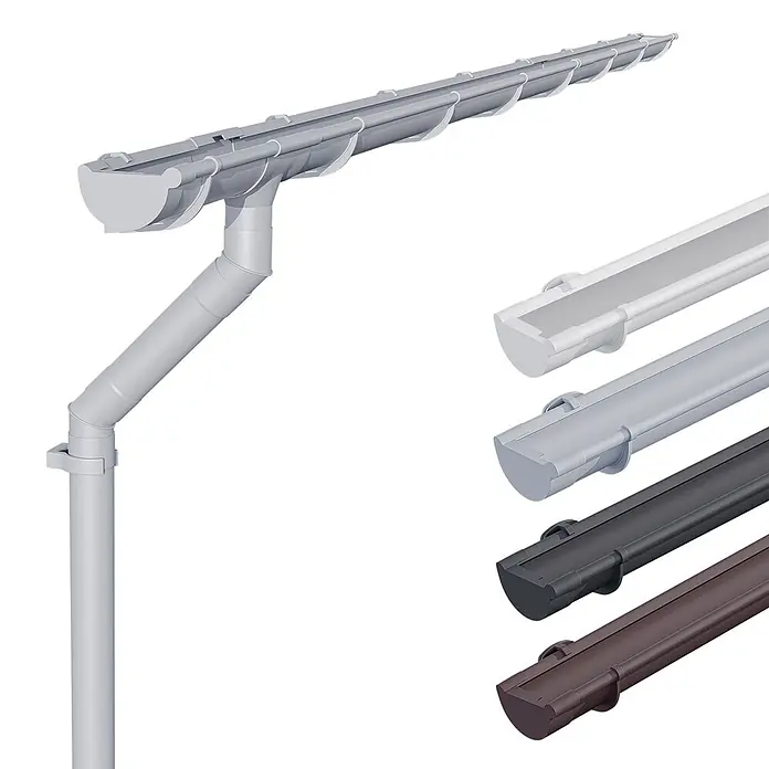 Inefa Dachrinne 6m Set PVC NW100 / 100mm Halbrund für Gartenhaus, Carport Grau - Nennweite: 100 mm, Kunststoff, Silber - Graues Regenrinnensystem mit Fallrohr, mit Rinnenabschnitten in Weiß, Grau, Dunkelgrau und Braun.