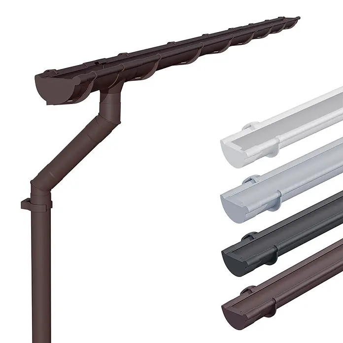 Inefa Dachrinne 4m Set PVC NW100 / 100mm Halbrund für Gartenhaus, Carport Dunkelbraun - Nennweite: 100 mm, Kunststoff, Braun - Halbrundes Regenrinnensystem mit Fallrohr in Braun, mit weiteren Farbmustern in Weiß, Hellgrau, Dunkelgrau und Braun.