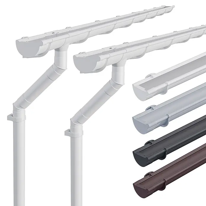 Inefa Dachrinne 2x Set 5m PVC NW100 / 100mm Halbrund Gartenhaus Weiß - Nennweite: 100 mm, Kunststoff, Weiß - Weiße Dachrinnensysteme mit Fallrohren und Muster in Grau, Schwarz, Braun zur Dachentwässerung.