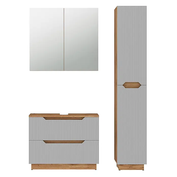 Vicco Badmöbel-Set Lotta Grau 3 Teile - Grau, Matt - Modernes Badmöbel-Set mit hellgrauen geriffelten Fronten und Holzoptik-Akzenten: Spiegelschrank, Waschtischunterschrank und Hochschrank.