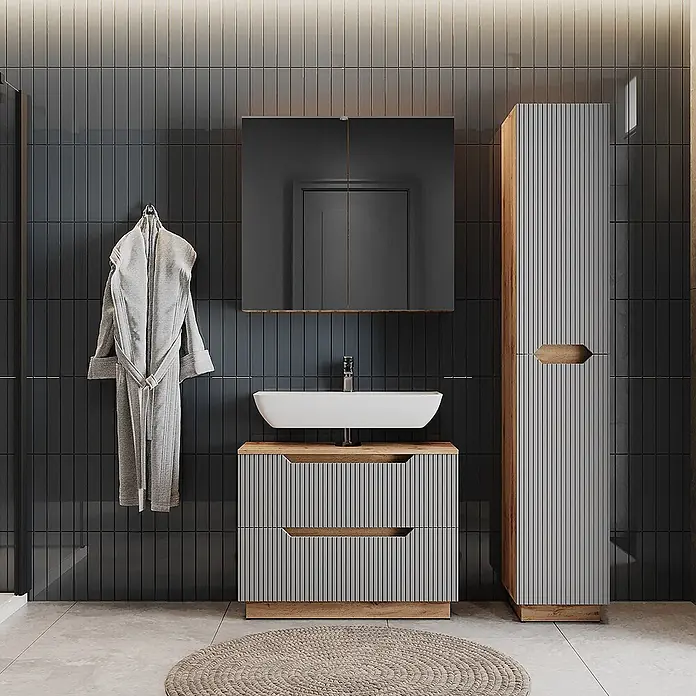 Vicco Badmöbel-Set Lotta Grau 3 Teile - Grau, Matt - Moderne Badmöbel: hellgrauer gerillter Waschtisch mit Holzdetails und weißem Waschbecken, dazu ein passender Hochschrank.