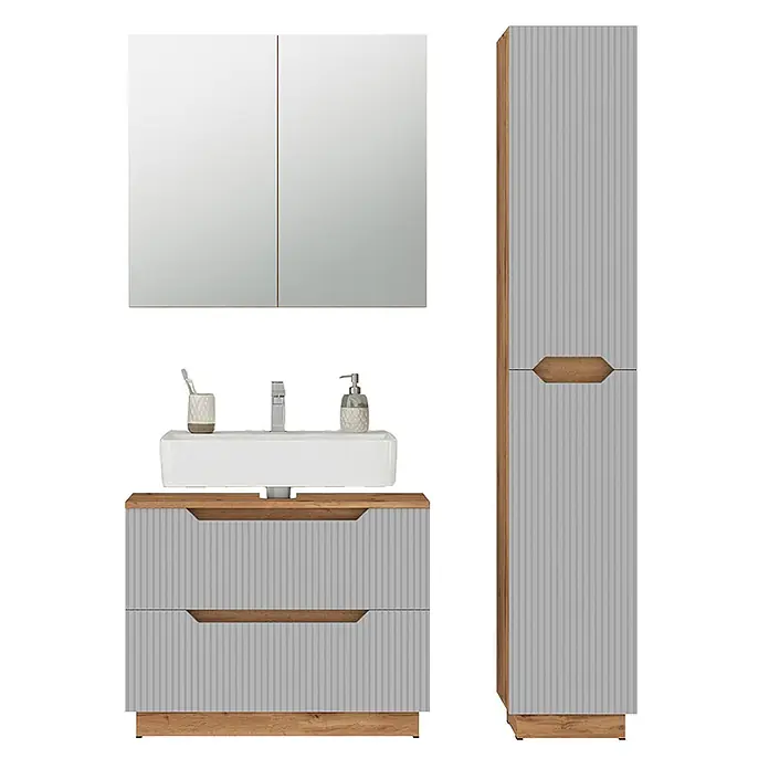 Vicco Badmöbel-Set Lotta Grau 3 Teile - Grau, Matt - Modernes Badezimmerset: hellgrauer gerippter Waschtisch mit Holzakzenten, Waschbecken, Spiegelschrank und Hochschrank.