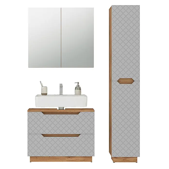 Vicco Badmöbel-Set Lotta Grau 3 Teile - Grau, Matt - Helles graues Badmöbel-Set mit geometrischem Muster und Holzdetails, bestehend aus Spiegelschrank, Waschtischunterschrank und Hochschrank.