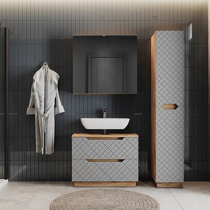 Vicco Badmöbel-Set Lotta Grau 3 Teile - Grau, Matt - Modernes Badmöbelset: Waschtisch mit Waschbecken, Wandschrank und Hochschrank aus hellem Holz und grauem Geometermuster.