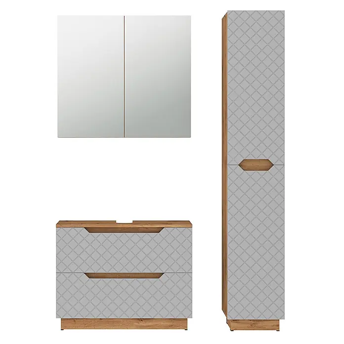 Vicco Badmöbel-Set Lotta Grau 3 Teile - Grau, Matt - Badezimmermöbel-Set: Spiegelschrank, Waschtischunterschrank mit zwei Schubladen und Hochschrank in heller Holzoptik und Hellgrau mit geometrischem Muster.