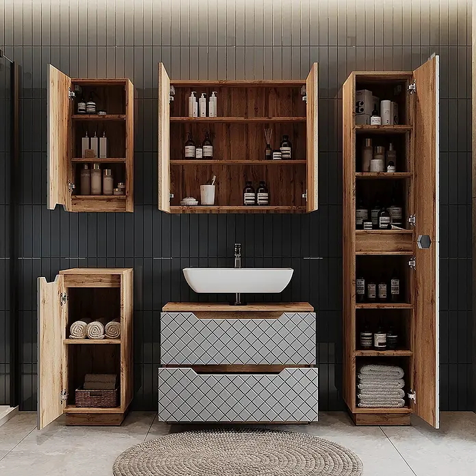 Vicco Badmöbel-Set Lotta Grau 3 Teile - Grau, Matt - Badezimmer-Möbelset aus Holz mit Waschbecken, gemusterten Schubladen und passenden Schränken für Stauraum.