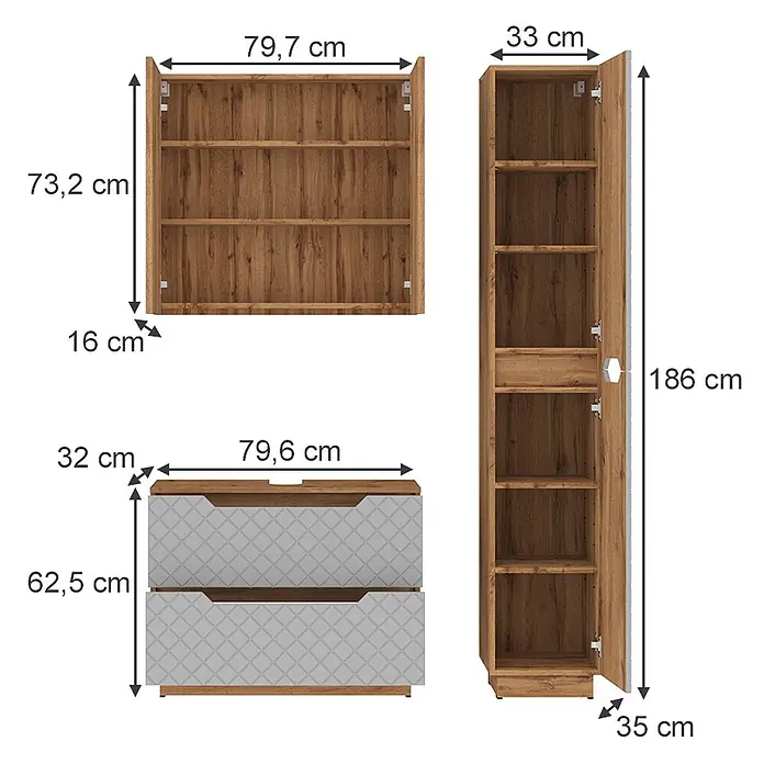 Vicco Badmöbel-Set Lotta Grau 3 Teile - Grau, Matt - Drei moderne Badmöbel in Holzoptik: ein Wandregal, ein Waschtischunterschrank mit zwei Schubladen und ein hoher Schrank, alle bemaßt.