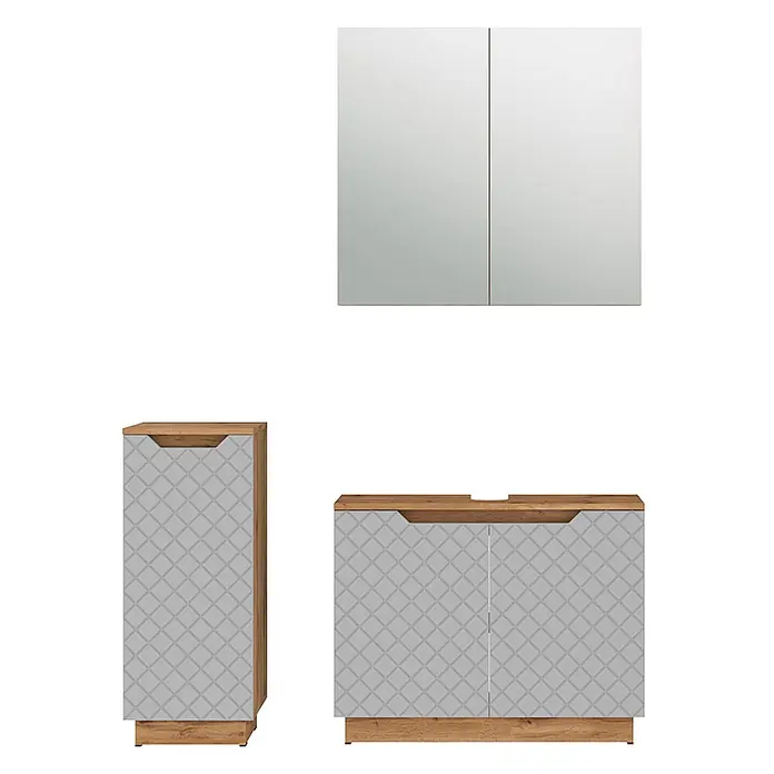 Vicco Badmöbel-Set Lotta Grau 3 Teile - Grau, Matt - Badezimmermöbel-Set: Spiegelschrank, Hochschrank und Waschtischunterschrank mit heller Holzoptik und hellgrauen gemusterten Fronten.