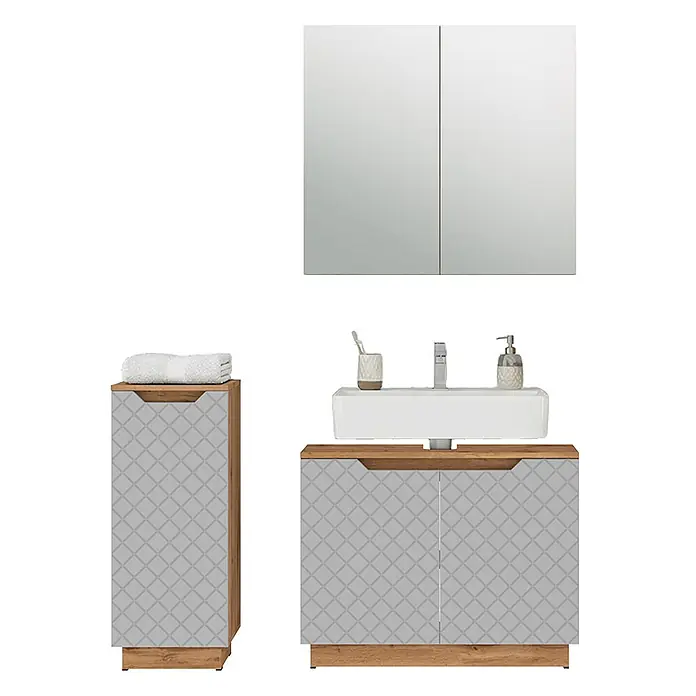 Vicco Badmöbel-Set Lotta Grau 3 Teile - Grau, Matt - Modernes Badmöbel-Set: hellgraue gemusterte Schränke, Holzrahmen, weißes Waschbecken, Spiegel und Hochschrank.