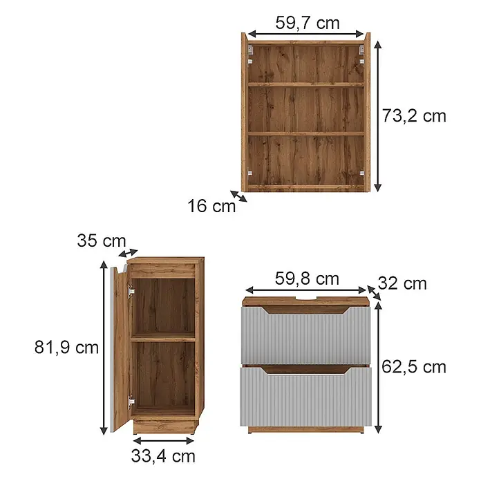 Vicco Badmöbel-Set Lotta Grau 3 Teile - Grau, Matt - Hölzernes Aufbewahrungsmöbel-Set mit Wandregal, Schrank und Schubladenelement.