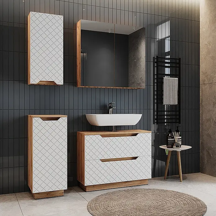 Vicco Badmöbel-Set Lotta Weiß 4 Teile - Weiß, Matt - Modernes Badmöbelset mit weißen Fronten in Rautenmuster und hellen Holzakzenten, inklusive Hochschrank, Waschtisch und Spiegelschrank.