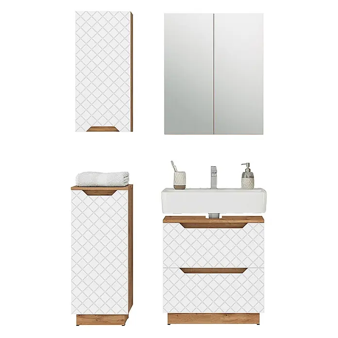 Vicco Badmöbel-Set Lotta Weiß 4 Teile - Weiß, Matt - Badezimmermöbel-Set mit weißen Rautenmusterfronten und Holz-Akzenten, bestehend aus Schränken, Spiegelschrank und Waschtisch mit Waschbecken.