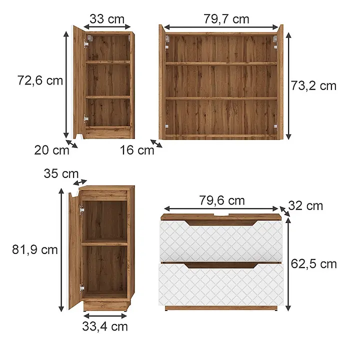 Vicco Badmöbel-Set Lotta Weiß 4 Teile - Weiß, Matt - Vier Holzmöbelstücke: zwei hohe Schränke, ein offenes Regal und eine Kommode mit weißen Fronten, mit Maßen.