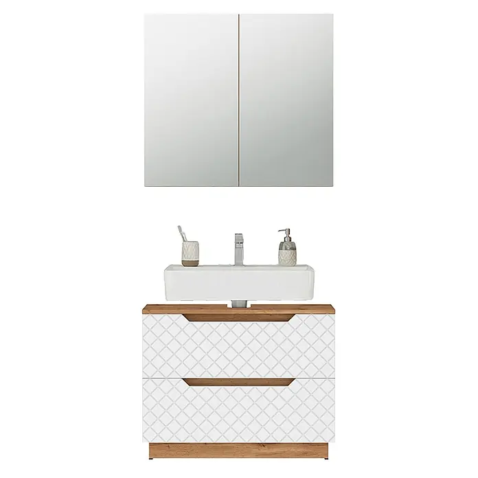 Vicco Badmöbel-Set Lotta Weiß 2 Teile - Weiß, Matt - Badezimmermöbel-Set mit Spiegelschrank, weißem Waschbecken und gemustertem weißen Waschtischunterschrank mit Holzdetails.