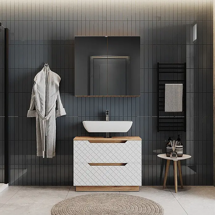 Vicco Badmöbel-Set Lotta Weiß 2 Teile - Weiß, Matt - Moderner weißer Badezimmerschrank mit Rautenmuster, Holzplatte und integriertem Waschbecken in stilvollem Bad.