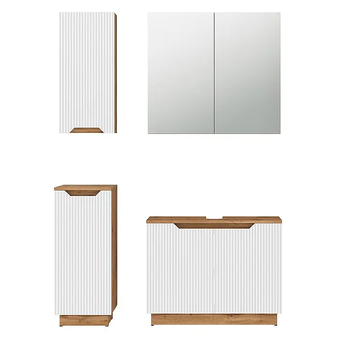Vicco Badmöbel-Set Lotta Weiß 4 Teile - Weiß, Matt - Weißes Badmöbelset mit gerippten Türen und Holzapplikationen, bestehend aus Hochschrank, Waschtischunterschrank und Spiegelschrank.