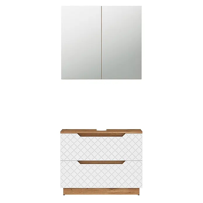 Vicco Badmöbel-Set Lotta Weiß 2 Teile - Weiß, Matt - Badezimmermöbel-Set mit weißem Spiegelschrank und Waschtischunterschrank in Holzoptik mit weißen gemusterten Schubladen.