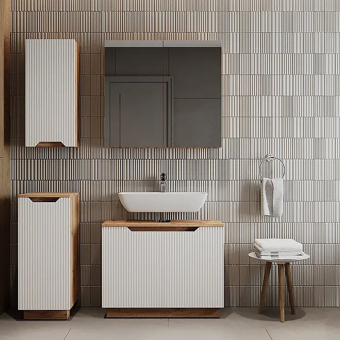 Vicco Badmöbel-Set Lotta Weiß 4 Teile - Weiß, Matt - Modernes Badezimmer mit weißer gerippter Waschtischanlage, Holzdetails, passenden Wand- und Beistellschränken.